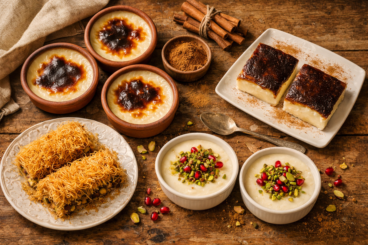 Sütlü tatlı sunumu, cam kap içinde sütlaç ve kazandibi örnekleri